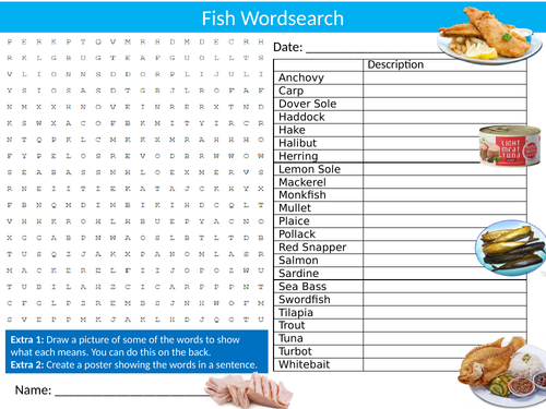 Fish Dishes Wordsearch Sheet Starter Activity Keywords Cover Food Technology Healthy Eating