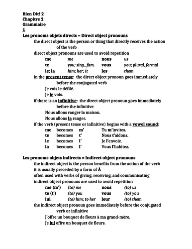 Bien Dit 2 Chapitre 2 Grammaire Study guide