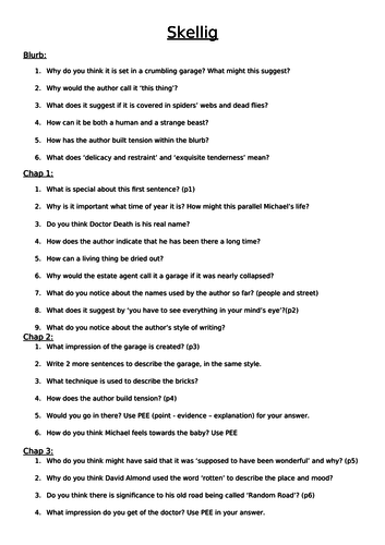 Guided Reading questions for the whole of Skellig