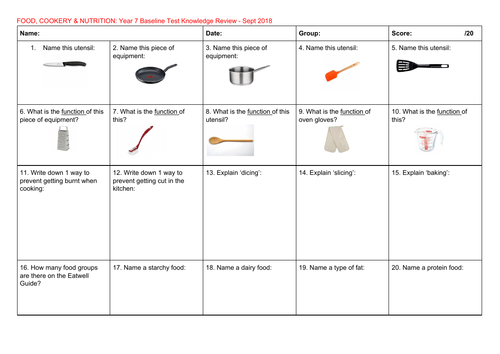 year 7 8 9 baseline tests for food nutrition cookery teaching resources