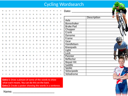 2 x Cycling Wordsearch Sheet Starter Activity Keywords Cover Homework PE Sports Fitness