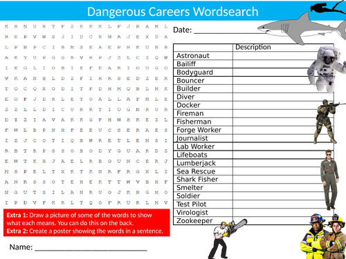 Dangerous Careers Wordsearch Sheet Starter Activity Keywords Cover Homework Jobs
