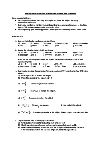 A-level Physics Maths Skills for students