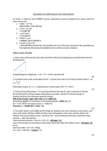 A-level Physics Calculations Worksheet or assessment with mark scheme