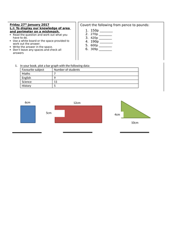 Area and Perimeter miso-mash (formative assessment) Year 3/4