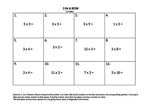 3 times table 3 in a row game