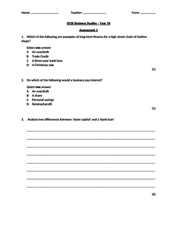 Assessment GCSE Business Studies