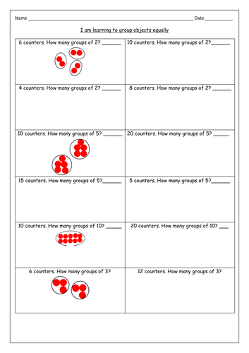 2 worksheets. Children use counters to group objects equally.