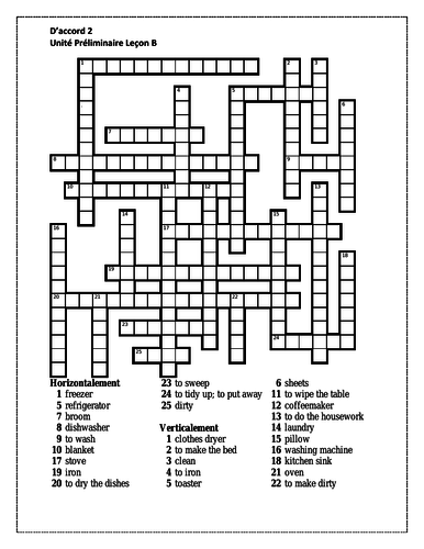 D'accord 2 Unité préliminaire Leçon B Crossword