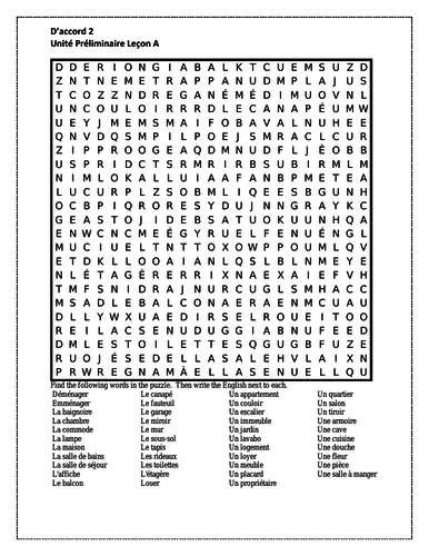 D'accord 2 Unité préliminaire Leçon A Wordsearch | Teaching Resources