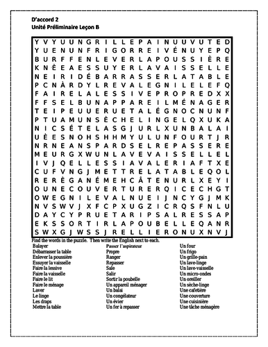 D'accord 2 Unité préliminaire Leçon B Wordsearch