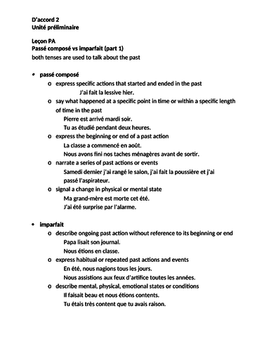 D'accord 2 Unité préliminaire Study Guide