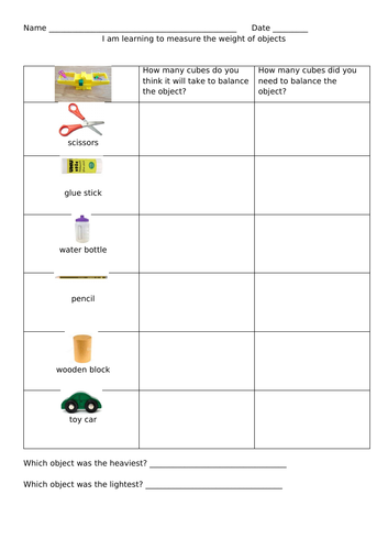 Worksheet. Measuring weight of classroom objects using balance scales and non standard units.