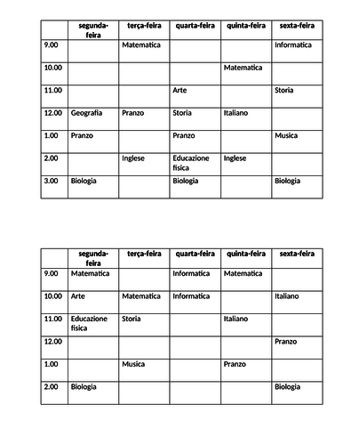 Materie (Class Schedule in Italian) Info Gap