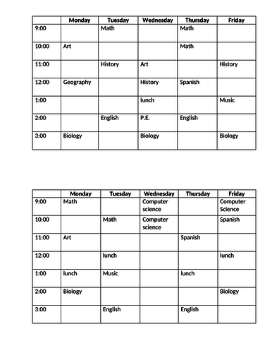 School Subjects Class schedule in English Info gap