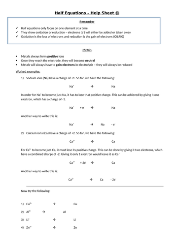Electrolysis Helpsheet and Questions