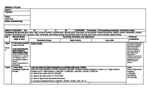 Year 5 to 6 Weekly lesson plan Number