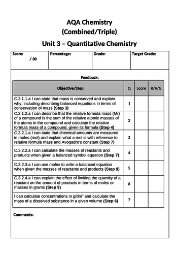 Quantitative Chemistry AQA - End of Unit Test & Mark Scheme