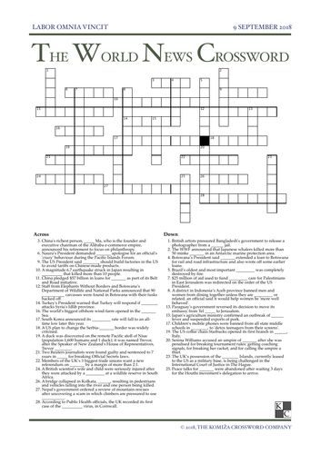 The World News Crossword - September 9th, 2018