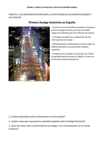 Spanish A Level. Paper 3 (speaking) discussion cards: Los movimientos populares