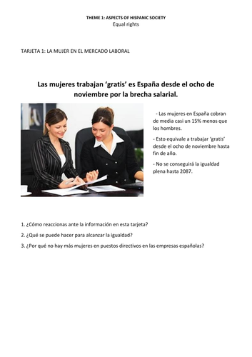 New Spanish A Level: Paper 3. Discussion cards. Equal rights (La igualdad de derechos)