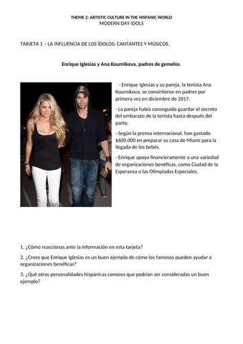 Spanish A Level: Paper 3 (Speaking). Discussion cards: Modern day idols.