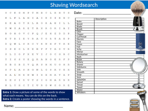 Shaving Wordsearch Sheet Starter Activity Keywords Cover Homework Teenagers Puberty