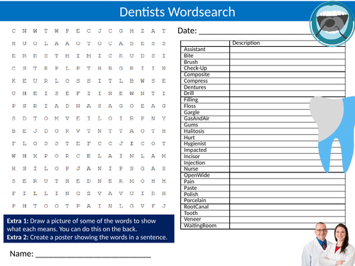Dentists Wordsearch Sheet Starter Activity Keywords Cover Homework Dentistry Teeth