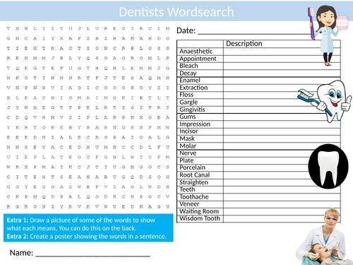 3 x Dentists Wordsearch Sheet Starter Activity Keywords Cover Homework Dentistry Teeth