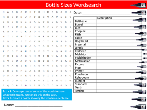 Bottle Sizes Wordsearch Sheet Starter Activity Keywords Cover Homework Units of Measurement