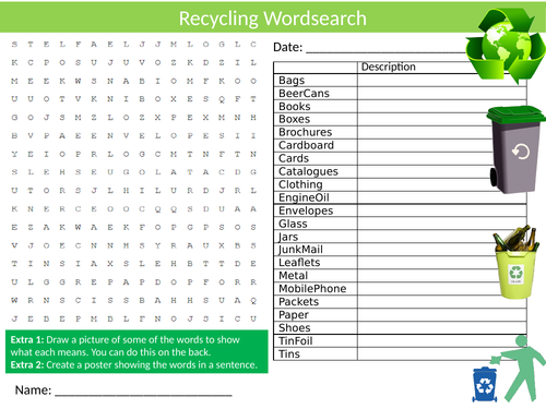 Recycling Wordsearch Sheet Starter Activity Keywords Cover Homework Environment 3Rs