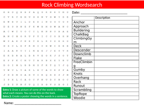 Rock Climbing Wordsearch Sheet Starter Activity Keywords Cover Homework PE Outdoor Sports