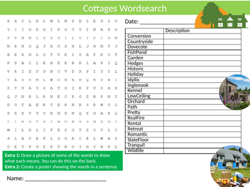 Cottages Wordsearch Sheet Starter Activity Keywords Cover Homework Types of Buildings