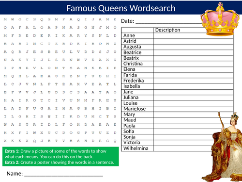 Famous Queens Wordsearch Sheet Starter Activity Keywords Cover Homework History