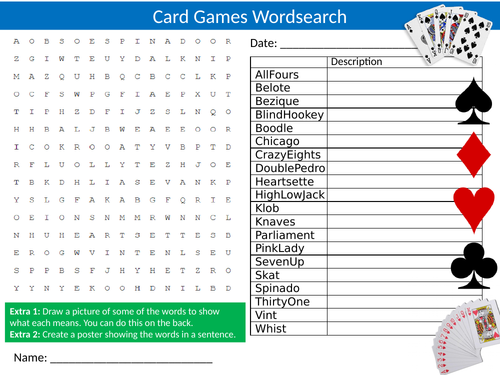 Card Games 2 Wordsearch Sheet Starter Activity Keywords Cover Homework Traditonal