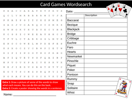 2 x Card Games Wordsearch Sheet Starter Activity Keywords Cover Homework Traditional