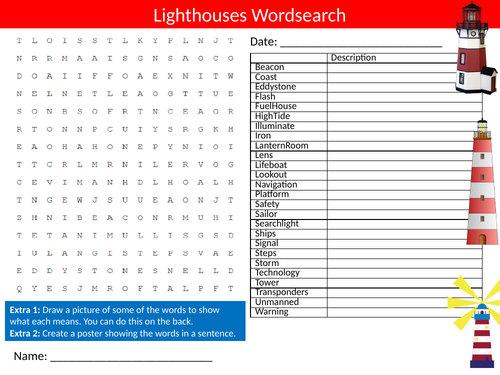 Lighthouses Wordsearch Sheet Starter Activity Keywords Cover Homework Buildings The Sea