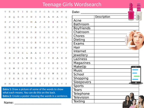 Teenage Girls Wordsearch Sheet Starter Activity Keywords Cover Homework Puberty