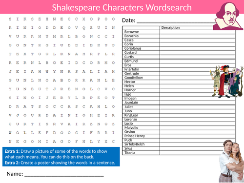 Shakespeare Characters Wordsearch Sheet Starter Activity Keywords Cover English Literature