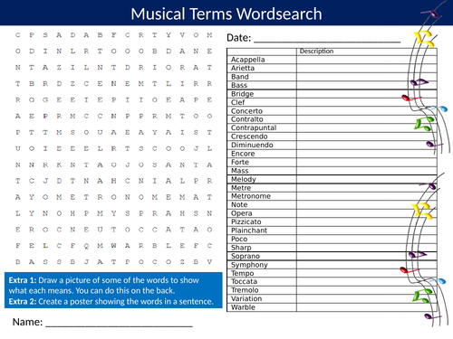 Musical Terms Wordsearch Sheet Starter Activity Keywords Cover Homework Music