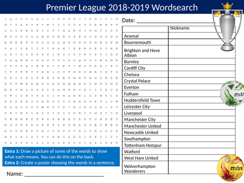 Premier League Teams 2018 2019 Wordsearch Sheet Starter Activity Keywords Cover Pe Football Teaching Resources