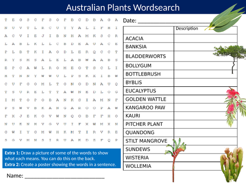 Australian Plants Wordsearch Sheet Starter Activity Keywords Cover Homework Australia