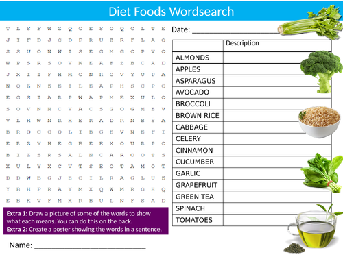 Diet Foods Wordsearch Sheet Starter Activity Keywords Cover Homework Food Technology