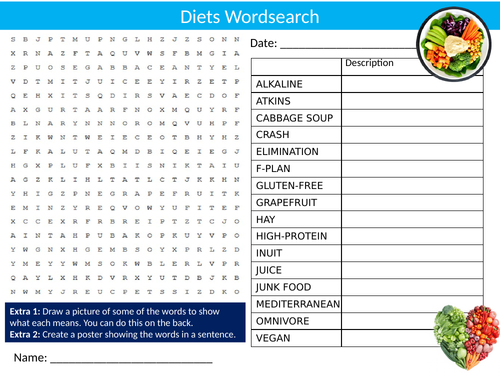 3 x Diets Wordsearch Sheet Starter Activity Keywords Cover Homework Food Technology Health