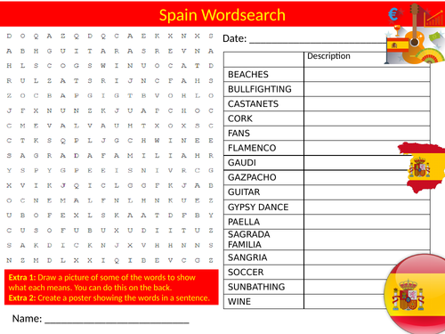 5 x Spain Wordsearch Sheet Starter Activity Keywords Cover Homework Geography Spanish
