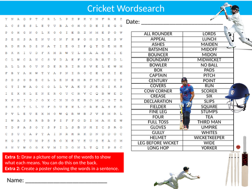 Cricket Wordsearch Sheet Starter Activity Keywords Cover Homework PE Sports