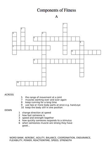 Differentiated Components of Fitness Crossword Teaching Resources