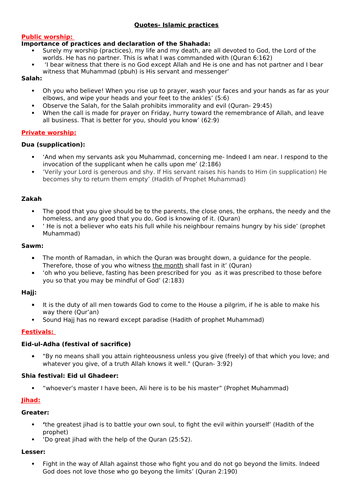 Islam Practices OCR Quote sheet