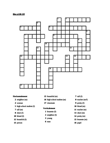 Bleu Unit 4 Leçon 9 pages 138-139 Crossword