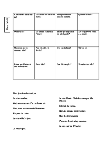 Blanc Unit 1 Partner Bingo | Teaching Resources